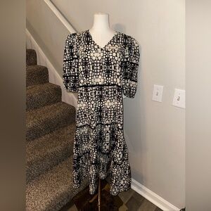 Olivia James the label Midi  V Neck Tiered Abstract Dress With Velvet Trim Sz XS